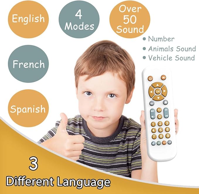 Baby TV Remote Control Toy with Music Sound and Light, Toddler Realistic Play TV Remote Toys Early Educational Learning Toy with 3 Language Musical Toy for 6-36 Months(White)