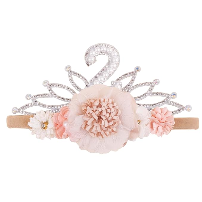 cherrboll Flower Headband Birthday Crown for Girl, Floral Nylon Hairband for 1-3 Years Old Toddler, 2nd Birthday Party Dress Photo Decoration Hair Accessory