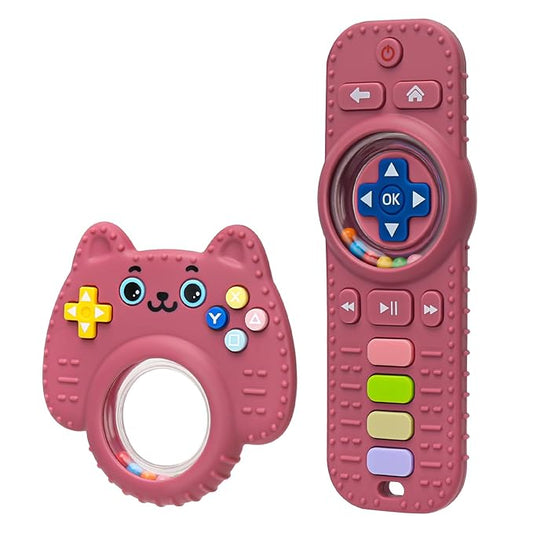 MISSLILI 2 Packs Teething Toy for Babies 0-6-9-12 Months, Silicone Baby Rattles Teether, Teething Relief Infant Toddles TV Remote Control Teether for 3-24 Months