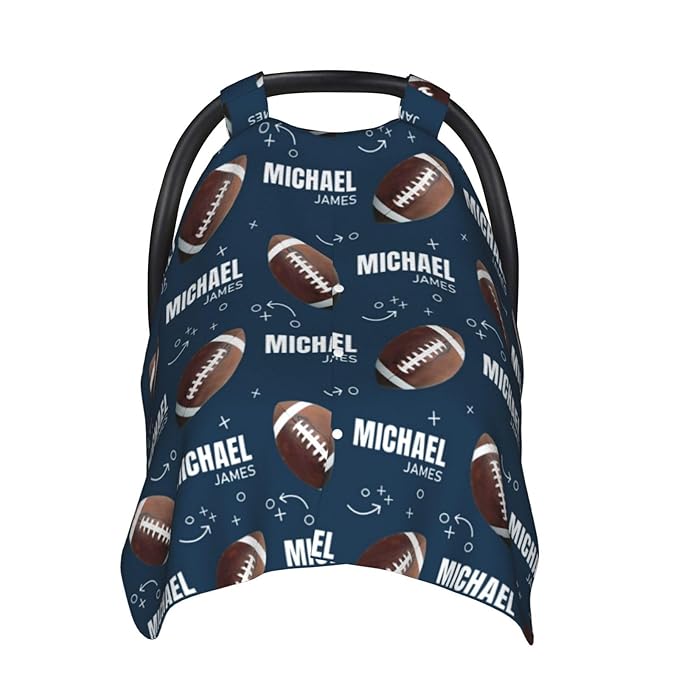 Personalized Baby Car Seat Canopy for Babies, Custom Name Football Baby Car Seat Covers for Boys, Opening Minky Nursing Breastfeeding Cover for Infant, Carseat Canopies for Newborn