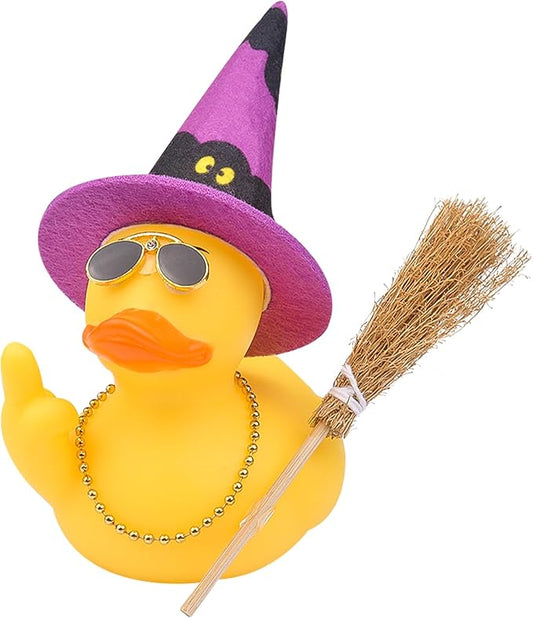 Halloween 3.15" Fun Rubber Duck Witch Duck Car Dashboard Decorations Halloween Witch Hat Broom Sunglasses Necklace for Car Home for Office Accessories
