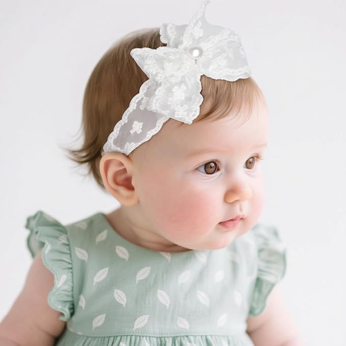 Baby Girls Hairbands bows Headband Stretchy Soft Flower Hairband Toddler Handmade Headbands with Pearls Elastic Headband for Infant Toddler Girl Hair Accessories (Pearl Lace Bow, Elastic)
