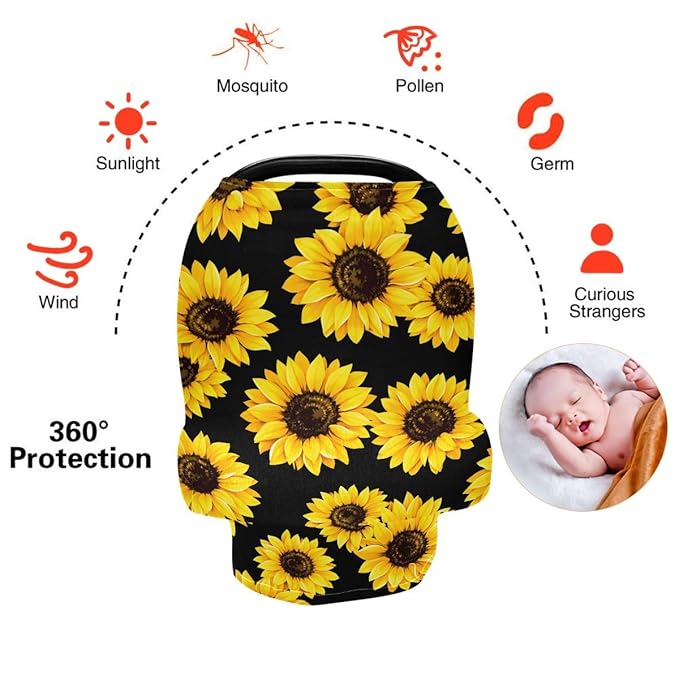 Sunflower Baby Car Seat Covers, Carseat Canopy Cover Nursing Cover Breastfeeding Scarf for Babies Stretchy Coverage, Infant Stroller Covers for Boys Girls