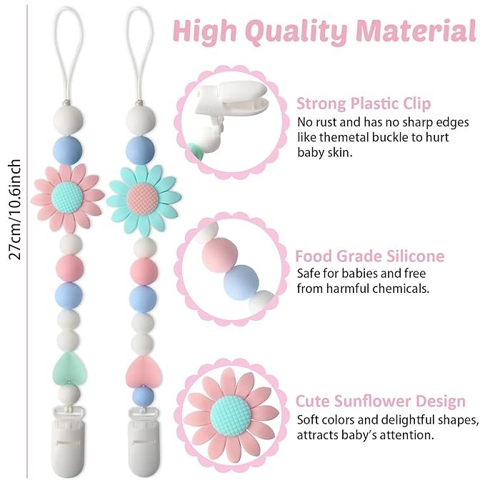 Silicone Pacifier Clip, 4 Pack Pacifier Holder for Boys and Girls, Adorable Sunflower Pacifier Clips Fits for Most Pacifier, Baby Teethers, Baby Shower and Baby Gift