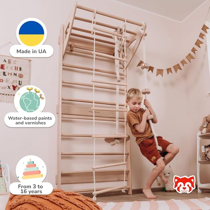 Woodandhearts Swedish Ladder for Kids with Rope Accessories - Indoor Jungle Gym, Indoor Jungle Gym for Kids Ages 3-16, Indoor Climbing Gym (Swedish Ladder of 3 Parts (Natural Wood Color))