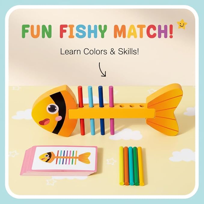 Montessori Fine Motor Skills Toys for Toddlers, Wooden Fishbone Color Matching & Sorting Toy with 20 Task Cards, Learning Educational Gifts for 3 4 5 6 Year Olds, Baby Sensory Training Toys