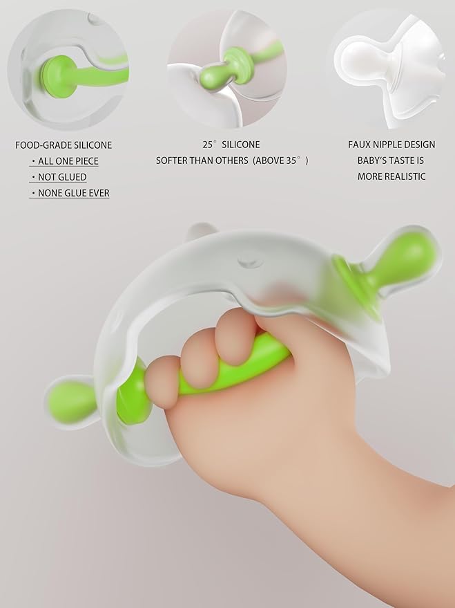 Baby Teething Toy for 0-6 Months – One-Piece Liquid Silicone Teether, Easy-Grip Dinosaur for Soothing Gums, No Glue No Gaps, Lint-Resistant, Dishwasher Safe with Travel Case(Olive White)