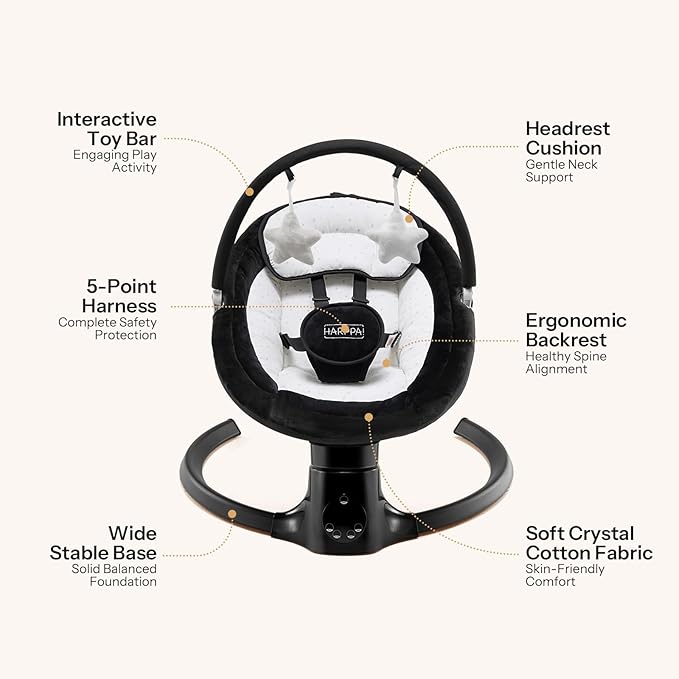 HARPPA Weddell Lite Electric Baby Swing for Infants with Music Speaker, 5 Adjustable Speeds, 5-Point Safety Harness, Timer Function, Compact Design for Indoor & Outdoor Use,Black