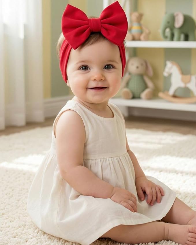 Newborn Baby Girl Headband 0–6 Months – Soft Cotton Big Bow Headband for Infants, Stretchy Baby Hair Band, 4.3" (11 cm) Bow, 2.4" (6 cm) Band (Red, 0-6 Month)