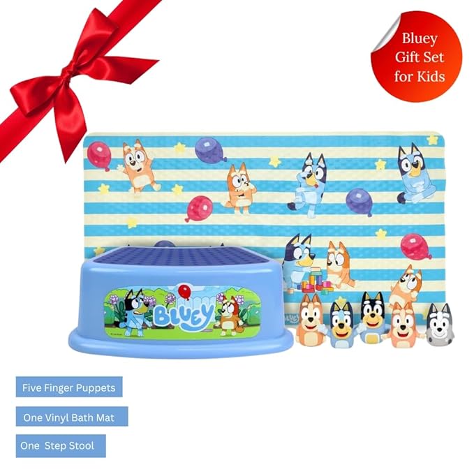 Bluey Bath Time Fun Set - Bath Finger Puppets, Vinyl Bath Mat, Step Stool