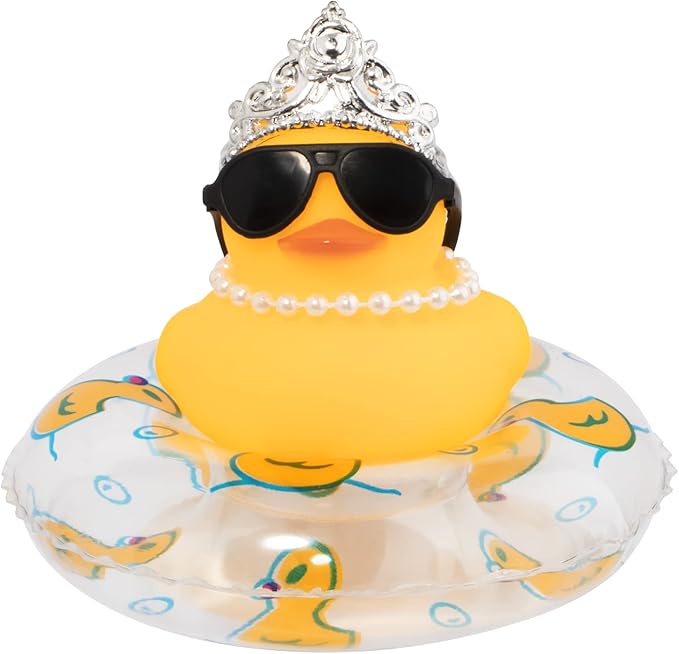 wonuu Car Duck Rubber Duck Car Ornaments Duck Car Dashboard Decorations with Cute Headband Swim Ring Necklace Sunglasses, C-Female Crown&Chain