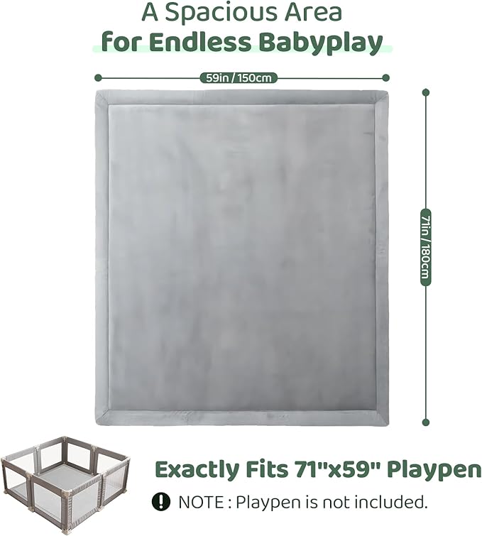 Baby Play Mat for Floor, 1.3 Inch Thick Memory Foam Tummy Time Mat with Non Slip Backing, Soft Coral Velvet 59X71 Inch Playpen Mat Crawling Tatami for Infants Toddlers Kids, Light Grey