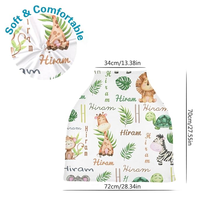 Personalized Monogram Name Baby Car Seat Covers for Boys Girls, Customized Nursing Cover Breastfeeding Scarf, Multi-Use Stroller Canopy for Newborn Infants, Breathable Carseat Cover, Zoo Animal