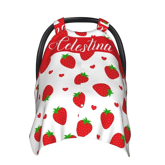 Strawberry Baby Car Seat Cover with Custom Name – Multipurpose Nursing Cover, Stroller Cover, Breastfeeding Privacy Canopy – Soft Breathable Blanket for Girls, Shower Gift