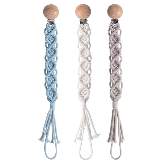Boho Pacifier Clip for Boys Girls Pacifier Holder Leash Wooden Clips Handmade Braided Cotton Unisex Baby Shower Birthday Gift Christmas Gift