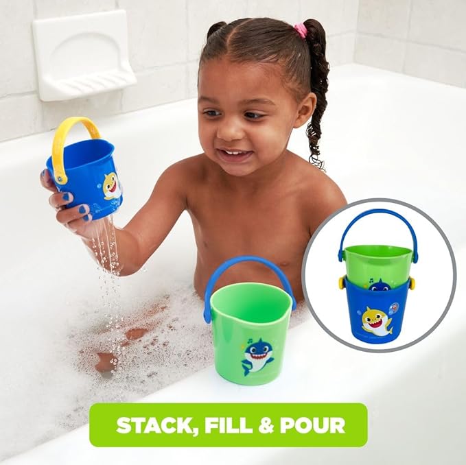 Nickelodeon Pink Fong Baby Shark Bath Toys Set for Children's Tub Time - Cups, Finger Puppets, and Bath Squirters, Blue/Green, 10 Pieces