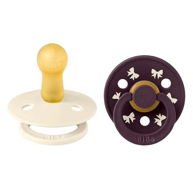 BIBS Colour Holiday Pacifier 2-Pack, BPA Free Pacifier, Round Nipple. Natural Rubber Latex, Made in Denmark, Size 2 (6-18 Months), Ivory/Plum