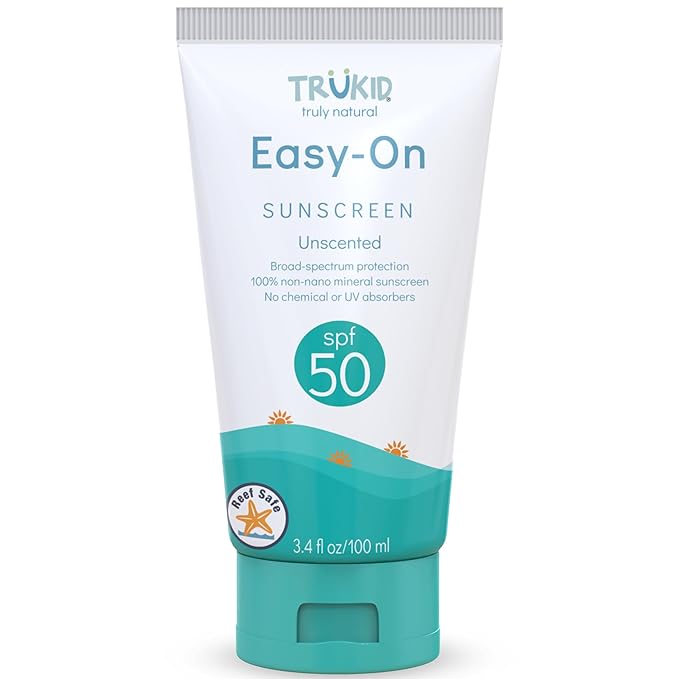 TruKid Easy On Mineral Sunscreen SPF 50 - Kids & Baby Sunscreen for Face & Body, Non-Toxic Zinc Oxide Sunblock Protection for Sensitive Skin, Unscented, FSA Eligible, Travel Size 3.4oz