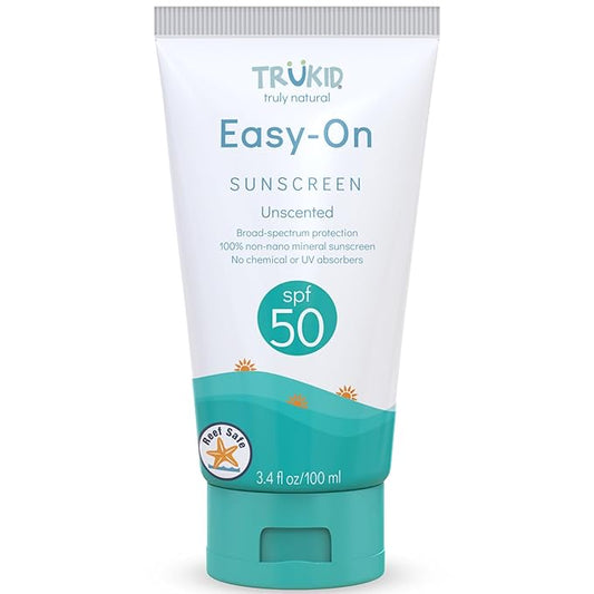 TruKid Easy On Mineral Sunscreen SPF 50 - Kids & Baby Sunscreen for Face & Body, Non-Toxic Zinc Oxide Sunblock Protection for Sensitive Skin, Unscented, FSA Eligible, Travel Size 3.4oz