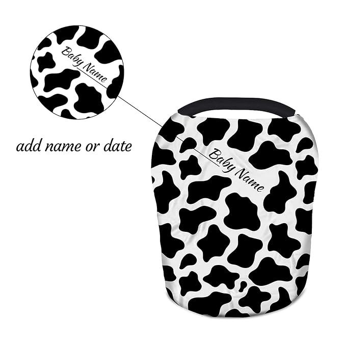 Personalized Cow Stripes Baby Car Seat Covers with Name, Custom Nursing Cover Breastfeeding Scarf Soft Breathable Stretchy Coverage, Infant Stroller Cover for Boys Girls