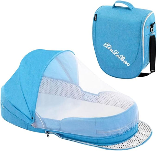 Folding Baby Travel Bassinet Portable Lightweight Travel Crib Baby Bed Co- Sleeper for Baby in Bed with Canopy and Mosquito Net (Blue, with Sunshade)