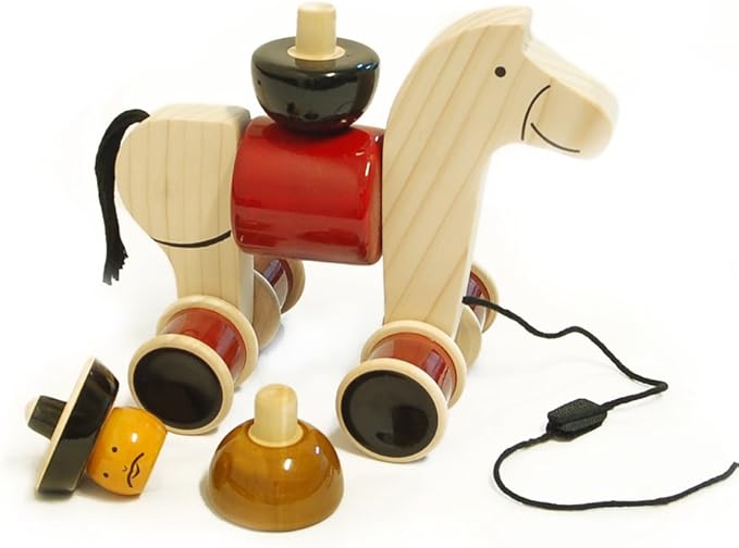 Maya Organic Handmade Wooden Stacker & Pull Toy Rodeo with Galloping Motion, Made Using Natural Colors for Toddlers 18 Months Old and up, Helps in Early Education and Development | HEE HAW