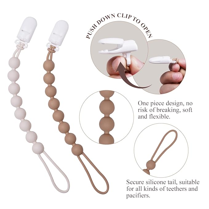 4 Pcs Brown Baby Silicone Teething Pacifier Clip,One-piece Design,Round Shape,Smooth Surface,BPA Free.