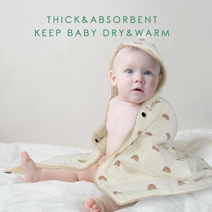 Organic Cotton Baby Bath Towel with Ultra Soft Muslin and Absorbent Flannel Lining Hooded Baby Towel, Breathable, and Perfect for Boys and Girls, (30x30 inches, Rainbow Pattern)