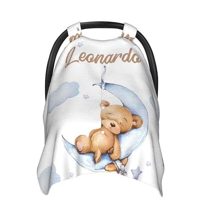 Custom Baby Name Nursing Cover Sleeping Bear Design – Personalized Car Seat Canopy for Boy, Stroller Cover, Baby Minky Blanket, Privacy Breastfeeding Cover, Soft Breathable Infant Shower Gift