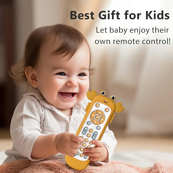 Baby TV Remote Control Toy with Soft Silicone Cute Carb Cover, Musical Realistic Play Remote Toy with Light and Sound, 3 Language Educational Learning Toy for 6M+ Boy and Girls(Yellow)