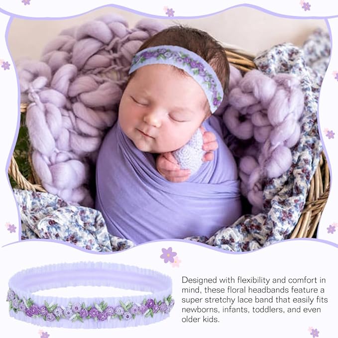 Dizila 6 Pieces Super Soft Stretchy Purple Light Blue Baby Girl Bow Flower Nylon Headbands Floral Lace Headbands Hair Accessories for Newborns Infants Toddlers Girls Kids