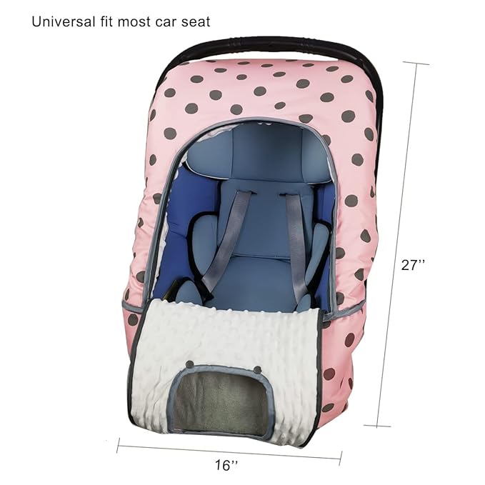 Carseat Cover Girls, Winter Baby car seat Covers for Infant car seat, Baby Carrier Cover Canopy, Window in Door Zipper Open, Thick Padded, Pink dots;