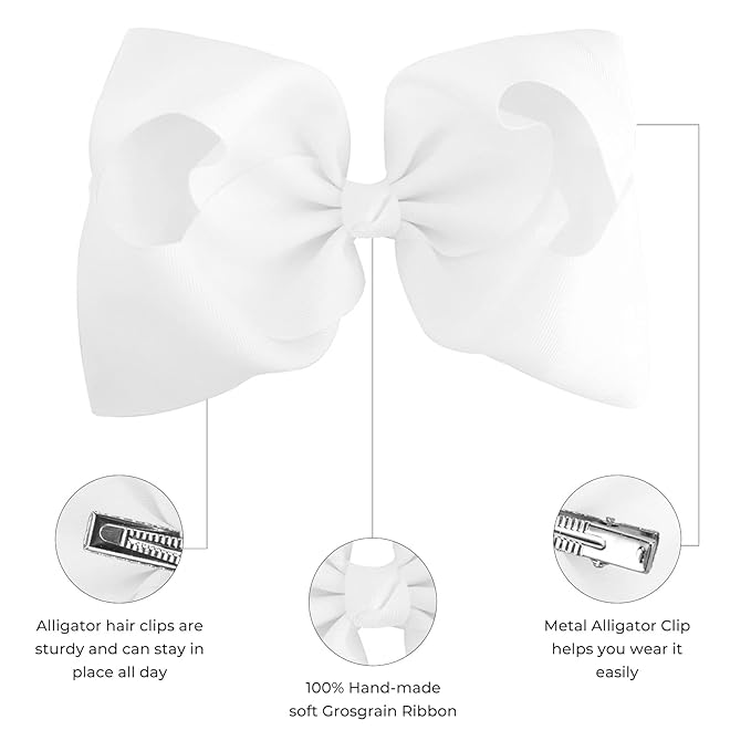 DEEKA 2 PCS 8" Big Hair Bows Hand-made Grosgrain Ribbon Solid Color Large Bows Alligator Clips Hair Accessories for Girls Set of 2 -White