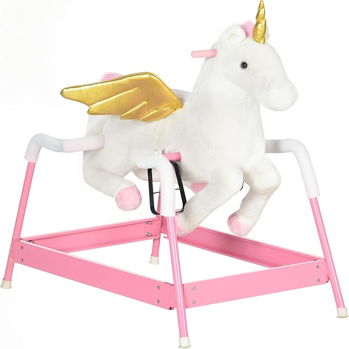 Qaba Kids Spring Rocking Horse Unicon, Ride on Horse for Girls and Boys with Animal Sounds, Plush Animal Ride-on Toy with Soft Feel, Interactive Toy for Kids, Pink