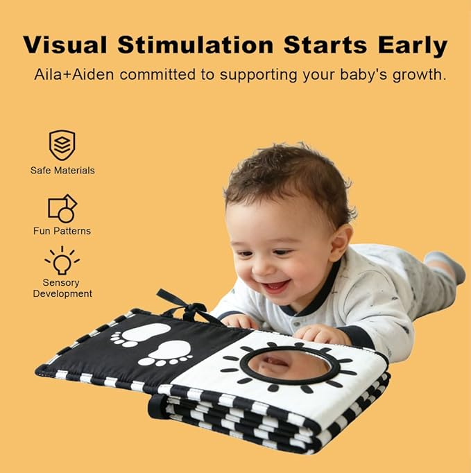 Aila+Aiden Baby Toys, Tummy Time High Contrast Newborn Toys 0-3 Months, Soft Baby Book, Visual Stimulation Montessori Sensory Infant Baby Book (Black White and Colorful)