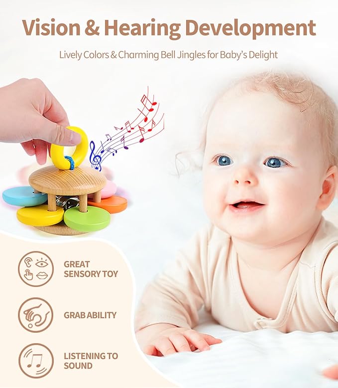 6 PCS Wooden Baby Rattle, Organic Colorful Baby Hand Rattles Set, Wood Rattles for Babies 0-6-12 Months, Wooden Teether Crochet Rattle Toy for Newborn Infant, Montessori Toys for Babies 0-6 Months