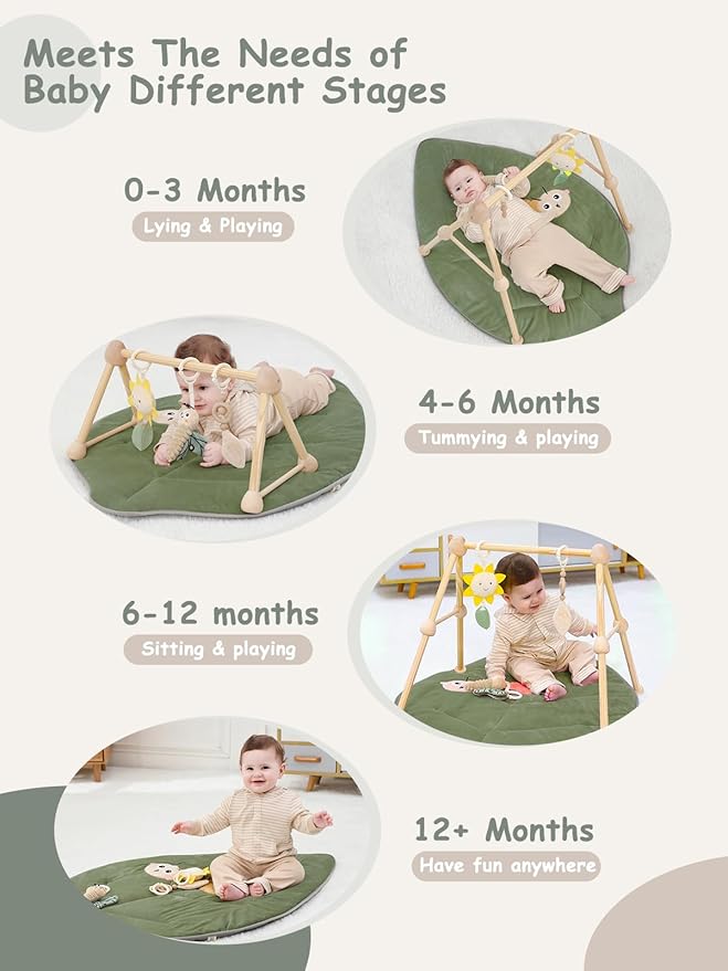 4-in-1 Wooden Baby Play Gym & Activity Mat, Soft Cotton Tummy Time Mat for Babies 0+,with 3 Detachable Toys for Sensory & Motor Skill Development,Newborn Infant Baby Essentials Gift,Leaf