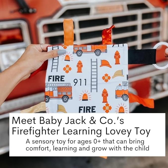 Baby Jack & Co 8x8” Fire Lovey Tag Toys for Babies - Baby Crinkle Toys - Crinkle Toys for Baby - Soft & Safe - Learn Shapes & Colors - Ideal Baby Toy - BPA Free w/Stroller Clip