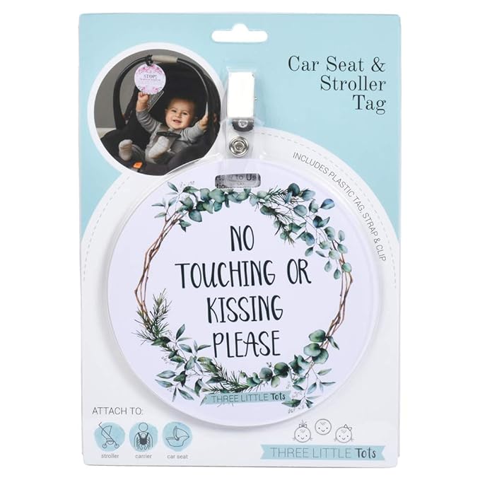 (Three Little Tots) No Touching Baby Car Seat and Stroller Two Pack- Baby Safety No Touching Car Seat Sign, Stroller Sign, Newborn Car Seat Tag- CPSIA Safety Tested (Flower/Eucalyptus)