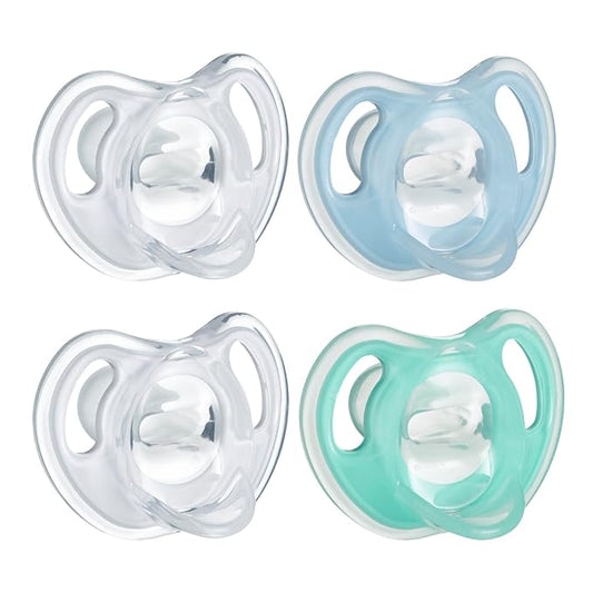 Tommee Tippee Ultra-Light Silicone Pacifier, Symmetrical One-Piece Design, BPA-Free Silicone Binkies, Clear/Blue/Green, 0-6 Month (Pack of 48)