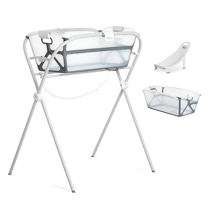 Evolur Supple Baby Spa Set with Infant Bathtub, Hammock Support Seat & Metal Frame, Newborn Tub for 0–12 Months, Complete Baby Care Essentials Gift Set for New Parents, White