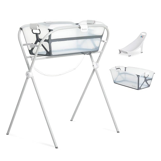Evolur Supple Baby Spa Set with Infant Bathtub, Hammock Support Seat & Metal Frame, Newborn Tub for 0–12 Months, Complete Baby Care Essentials Gift Set for New Parents, White