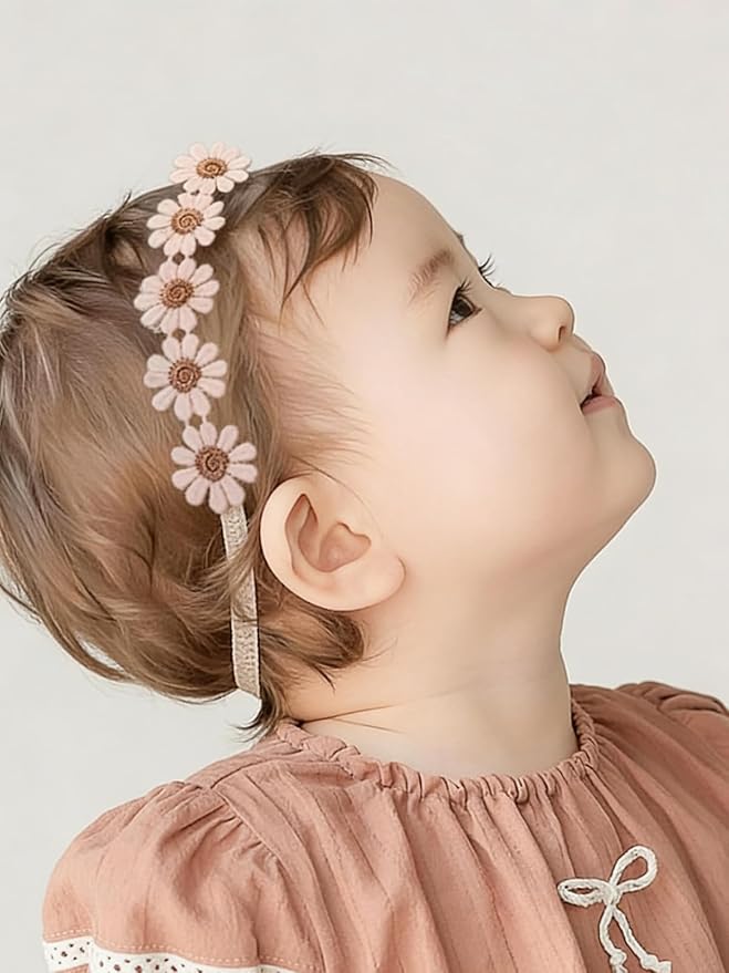 Baby Girls Flower Crown Headband Lace Handmade Floral Headbands Soft Elastic Band Daisy Hairband Newborn Infant Toddler Kids for Christening Baptism Birthday Party (Pink, Daisy)