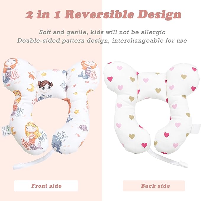 Baby Travel Pillow for Car Seat and Stroller, Soft Reversible Comfort Pillow, U-Shape Seat Accessory for Toddler, Mermaid Design