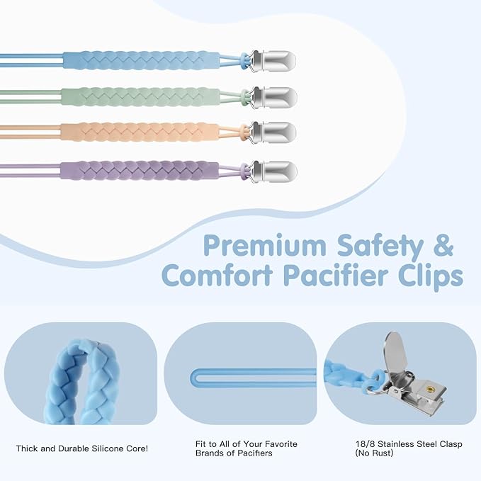 Silicone Pacifier Clips for Baby Boys and Girls, Woven Rope Flexible Design, Pacifier Holders for Teething Relief and Baby Essentials, Safe for Newborns (6 Pack)