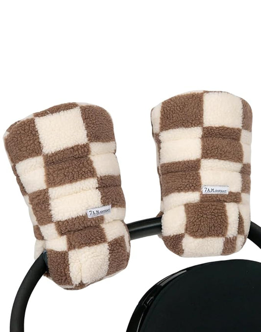 7AM Enfant Stroller Warmmuffs Gloves - Anti-Freeze Stroller Mittens for Handlebars, Water Repellent Hand Warmer Muff for Cold Weather, Plush Lined (Print Checkers Tan)