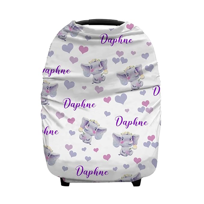 Personalized Elephant Love Heart Baby Car Seat Covers with Name, Custom Nursing Cover Breastfeeding for Babies, Carseat Canopy for Girls, Infant Stroller Cover, Breathable Carseats Cover