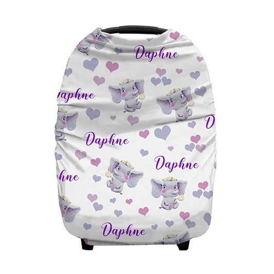 Personalized Elephant Love Heart Baby Car Seat Covers with Name, Custom Nursing Cover Breastfeeding for Babies, Carseat Canopy for Girls, Infant Stroller Cover, Breathable Carseats Cover