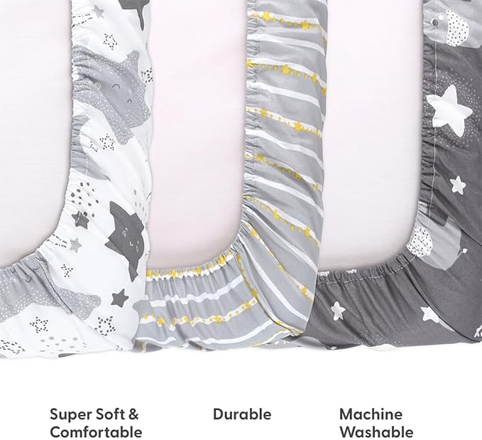 The Peanutshell Mini Crib Fitted Sheets Set, Playard, Pack Play Sheets, Playpen, Elephant Stars