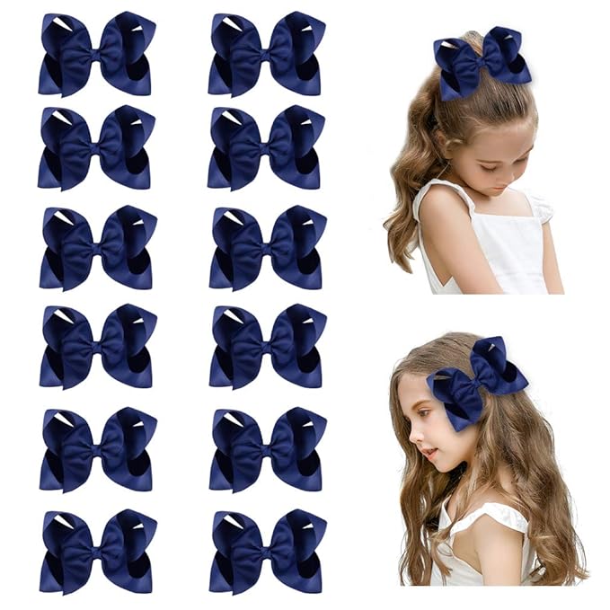 DEEKA 12 PCS 6" Big Hand-made Grosgrain Ribbon Hair Bow Alligator Clips Hair Accessories for Little Teen Toddler Girls - Navy Blue